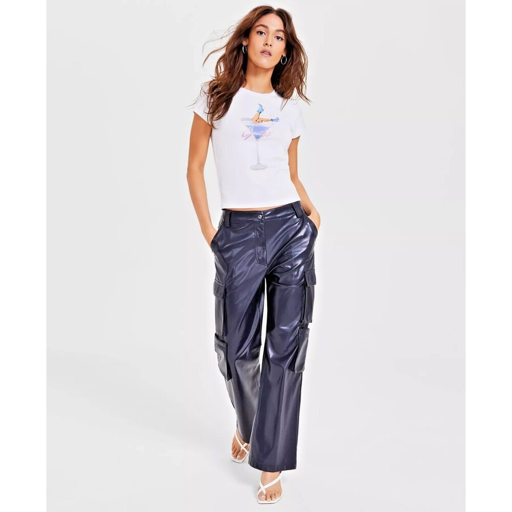 GUESS Women's Kori High-Rise Faux-Leather Cargo Pants Daring Ocean Dark Blue L29